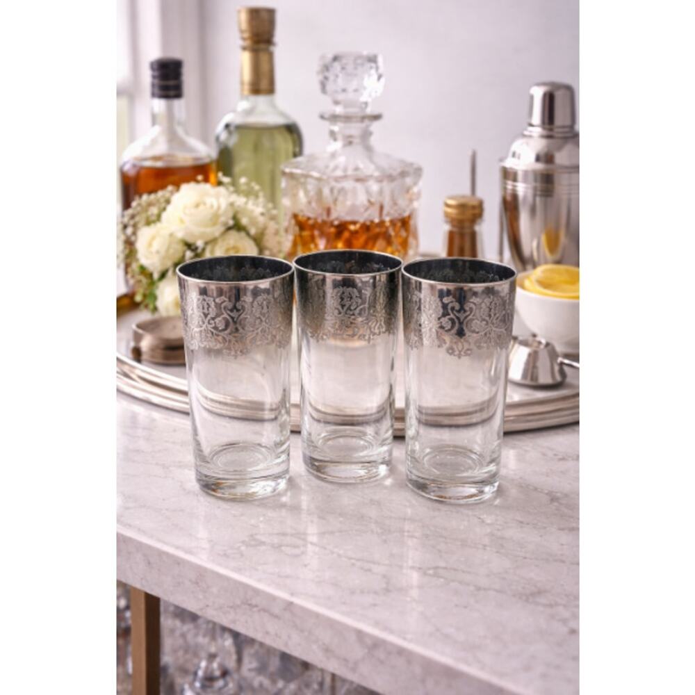 MCM Style Silver Fade Ombre Highball Glasses | Etched Regency Barware | Set of 3